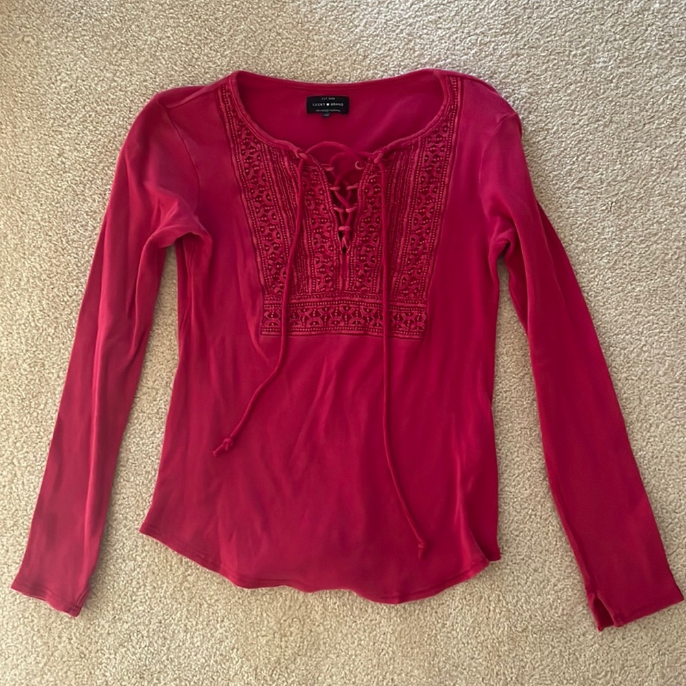 Lucky Brand red lacy up henley with embroidered design